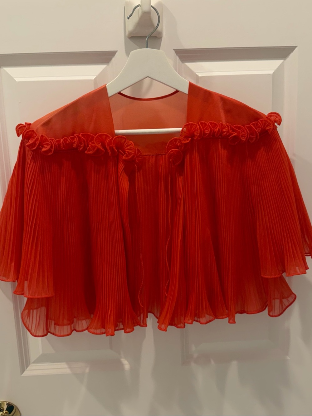 Red Pleated Chiffon Capelet with Rosette Trim